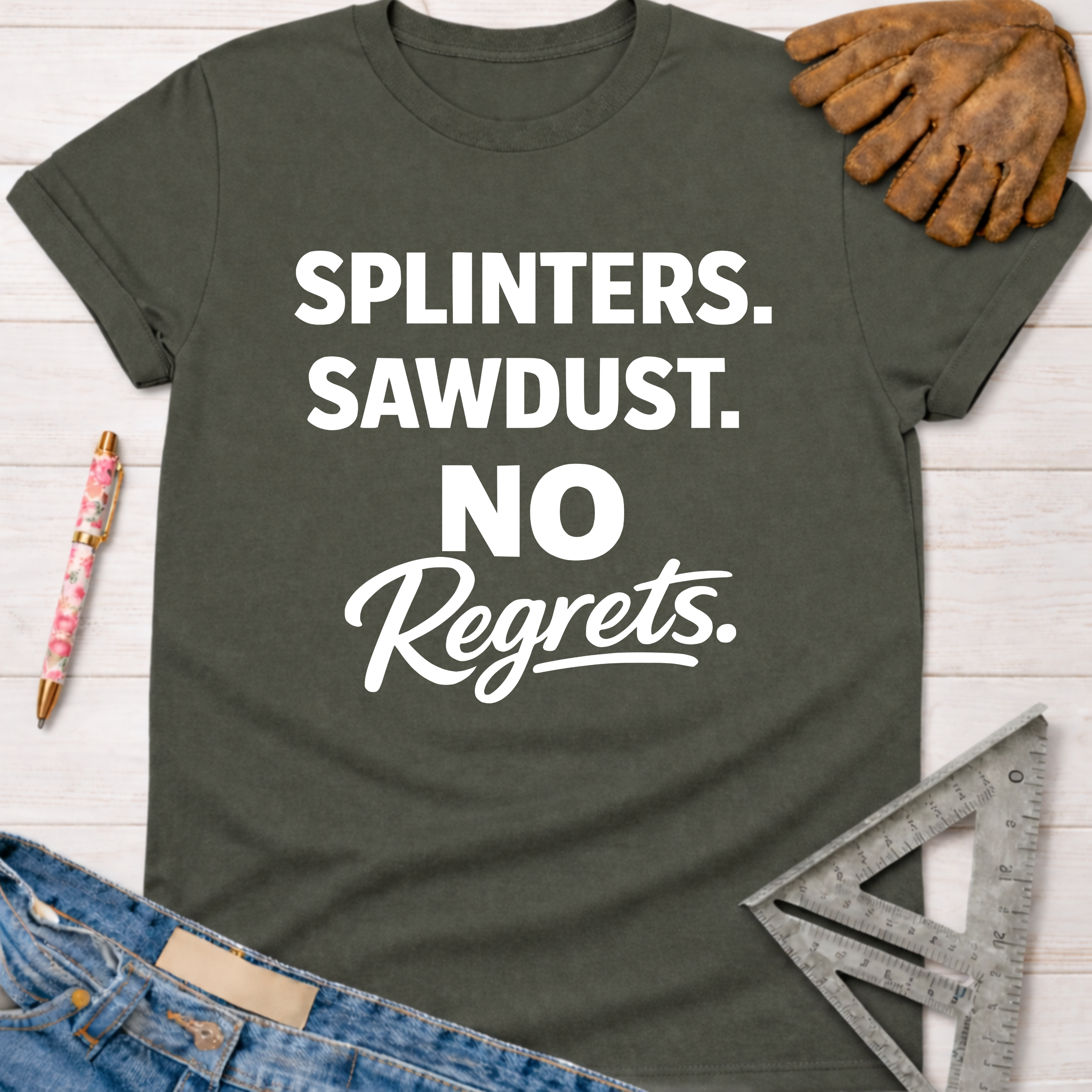 Women's funny woodworking graphic tee shirt for female woodworkers, makers, and DIY builders — Sawdust & Ponytails. Dark gray crew neck t-shirt with "SPLINTERS. SAWDUST. NO Regrets." in white text.