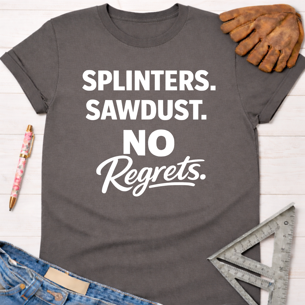 Charcoal grey women's funny woodworking graphic tee shirt for female woodworkers, makers, and DIY builders — Sawdust & Ponytails.