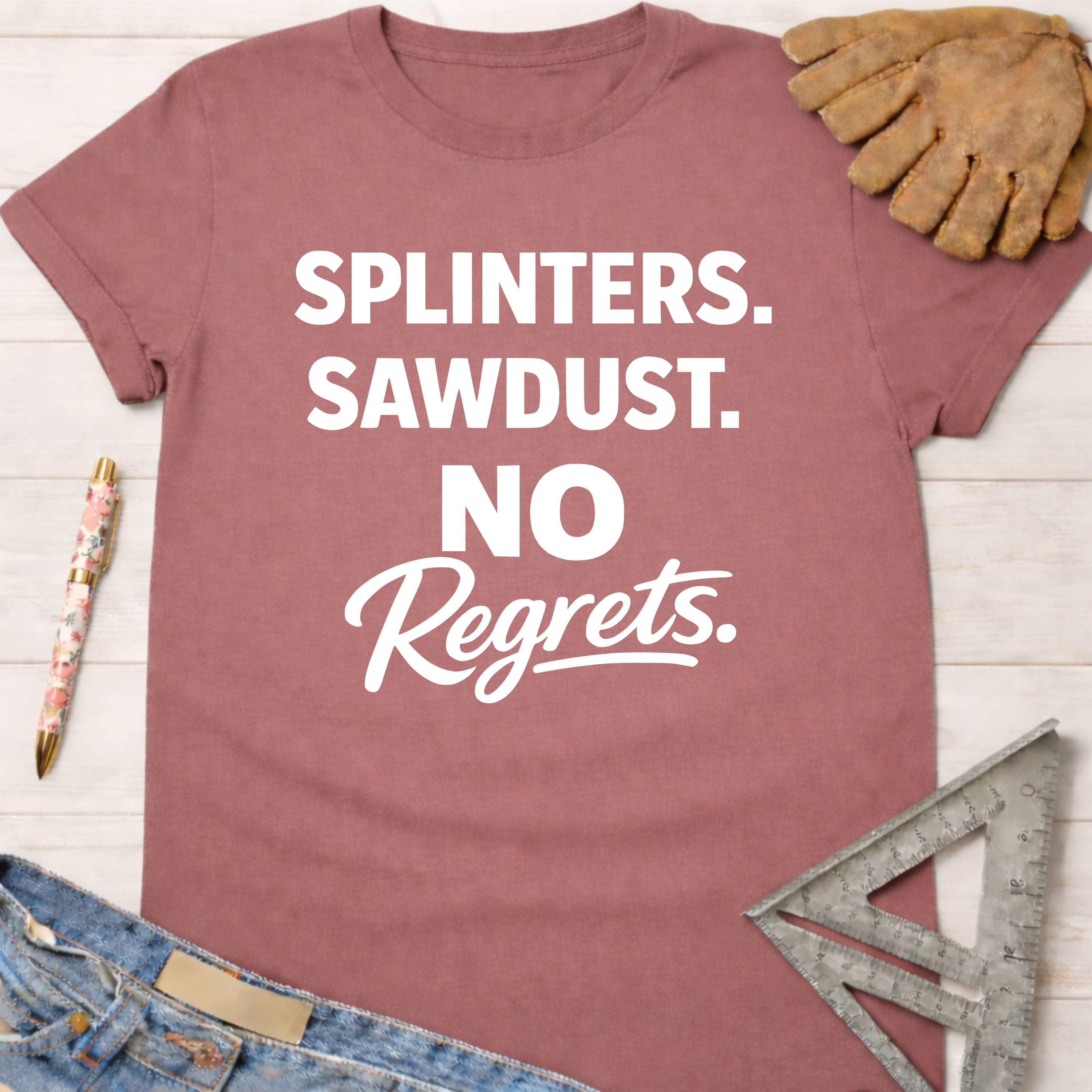 Women's funny woodworking graphic tee shirt for female woodworkers, makers, and DIY builders — Sawdust & Ponytails. Mauve t-shirt with "Splinters. Sawdust. No Regrets." in white text.