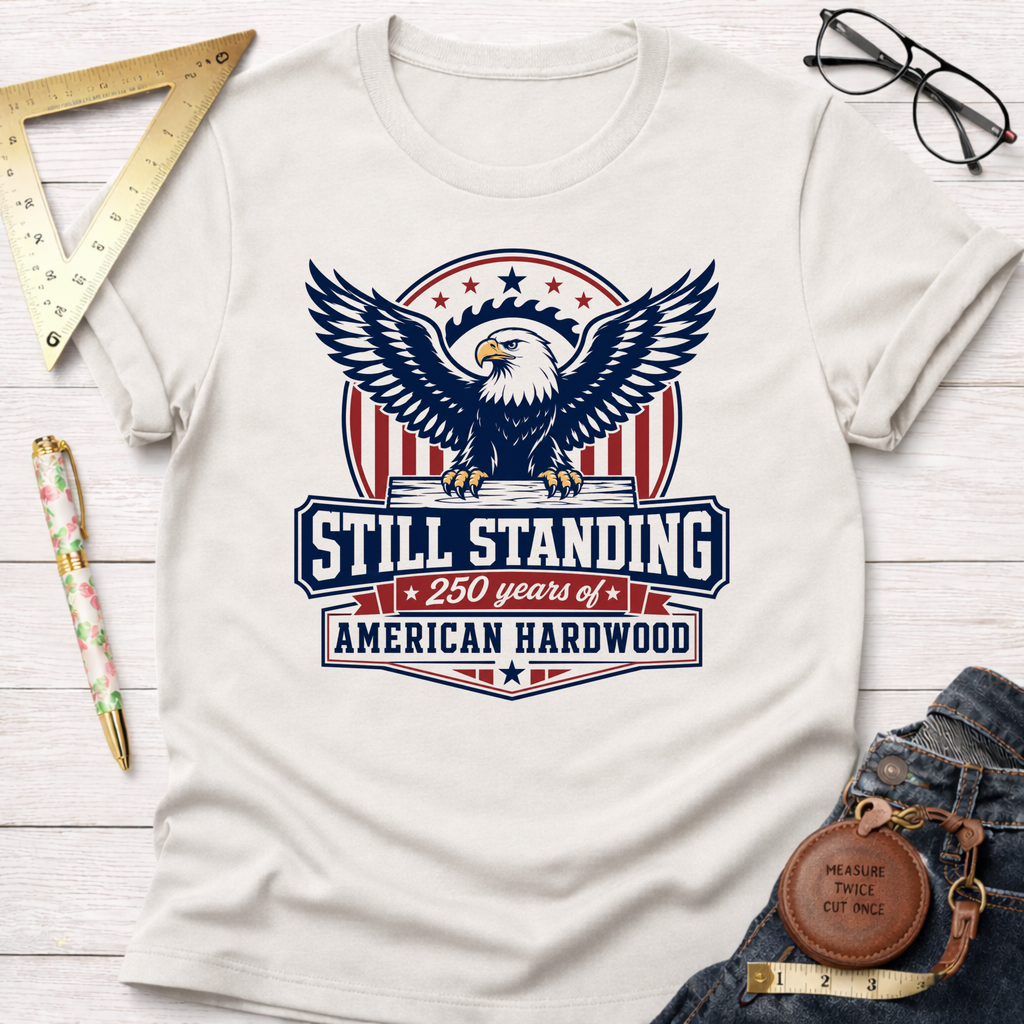 Still Standing American Eagle T-Shirt, off-white cotton tee with patriotic eagle and "250 years of American Hardwood" graphic.