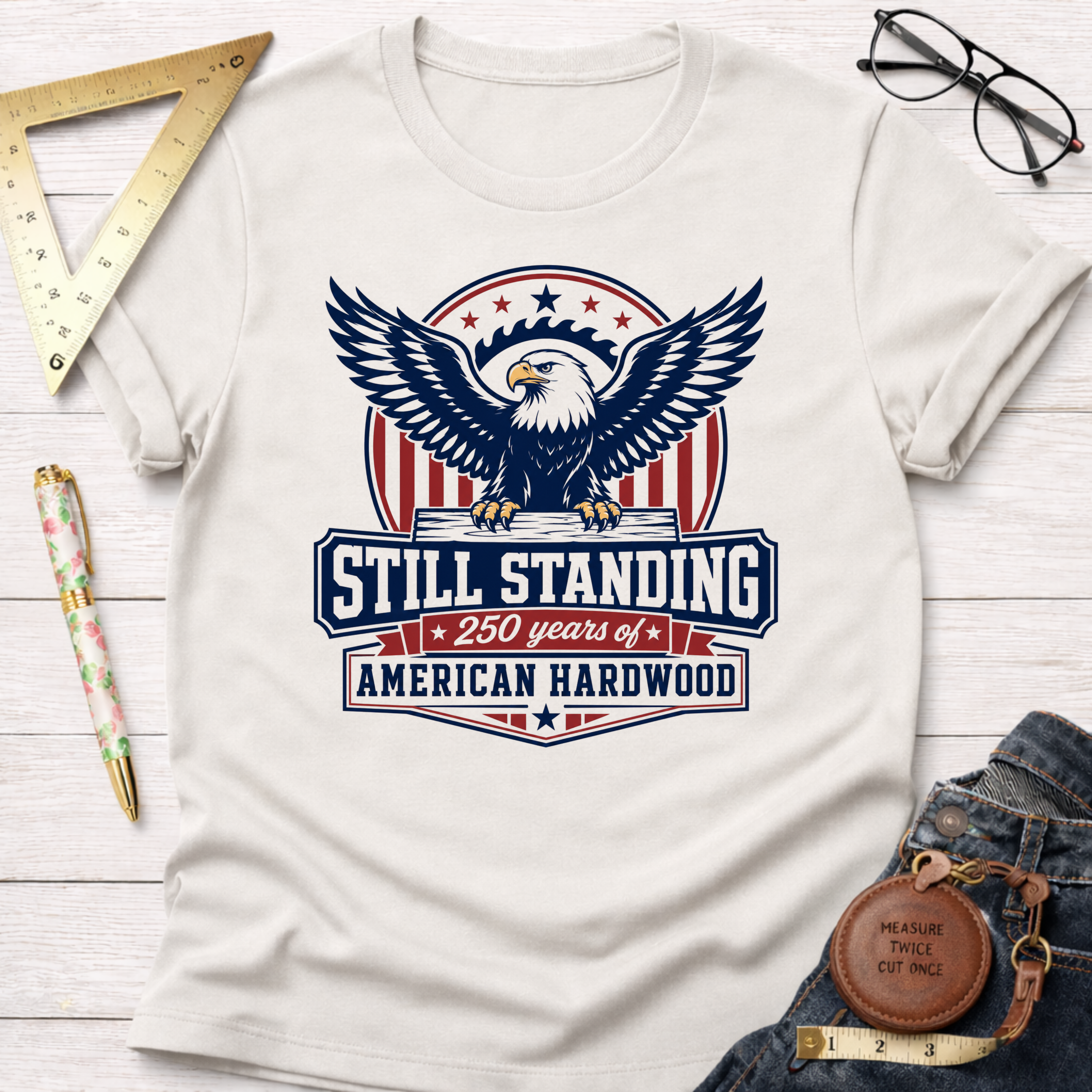 Still Standing American Eagle T-Shirt, off-white cotton tee with patriotic eagle and "250 years of American Hardwood" graphic.