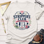 Off-white cotton t-shirt with "Stripper's Club Female Furniture Flippers" graphic, surrounded by tools.