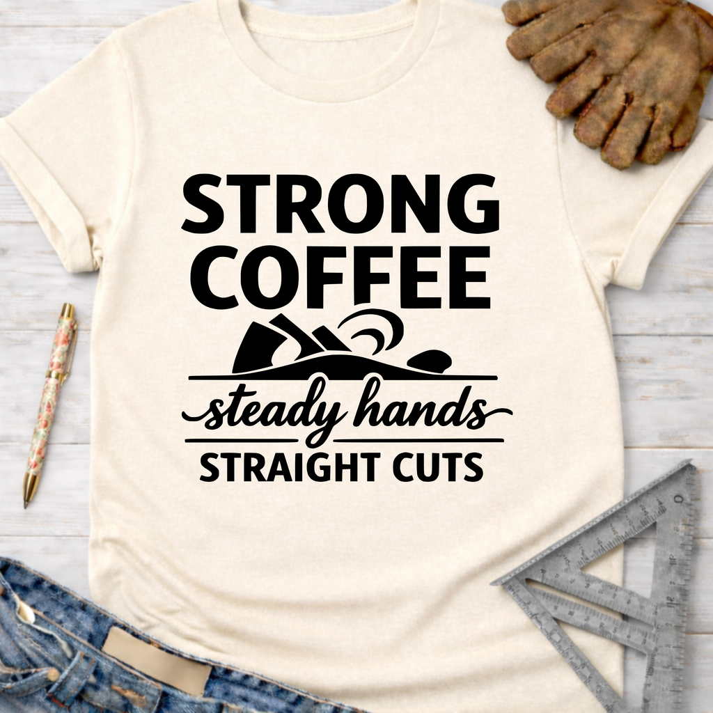 Women's funny woodworking graphic tee shirt for female woodworkers, makers, and DIY builders — Sawdust & Ponytails. Cream t-shirt with "Strong Coffee Steady Hands Straight Cuts" graphic.