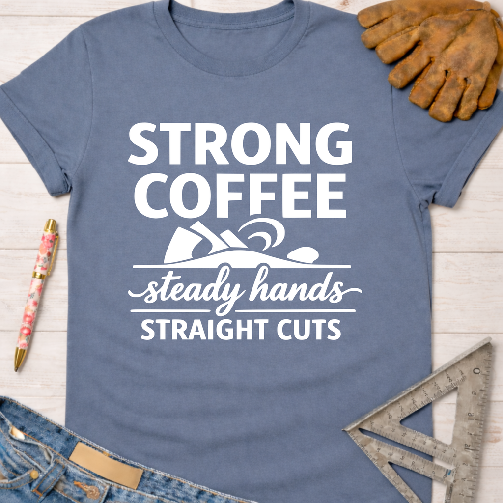 Women's funny woodworking graphic tee shirt for female woodworkers, makers, and DIY builders — Sawdust & Ponytails. Blue cotton tee with "Strong Coffee Steady Hands Straight Cuts" graphic.