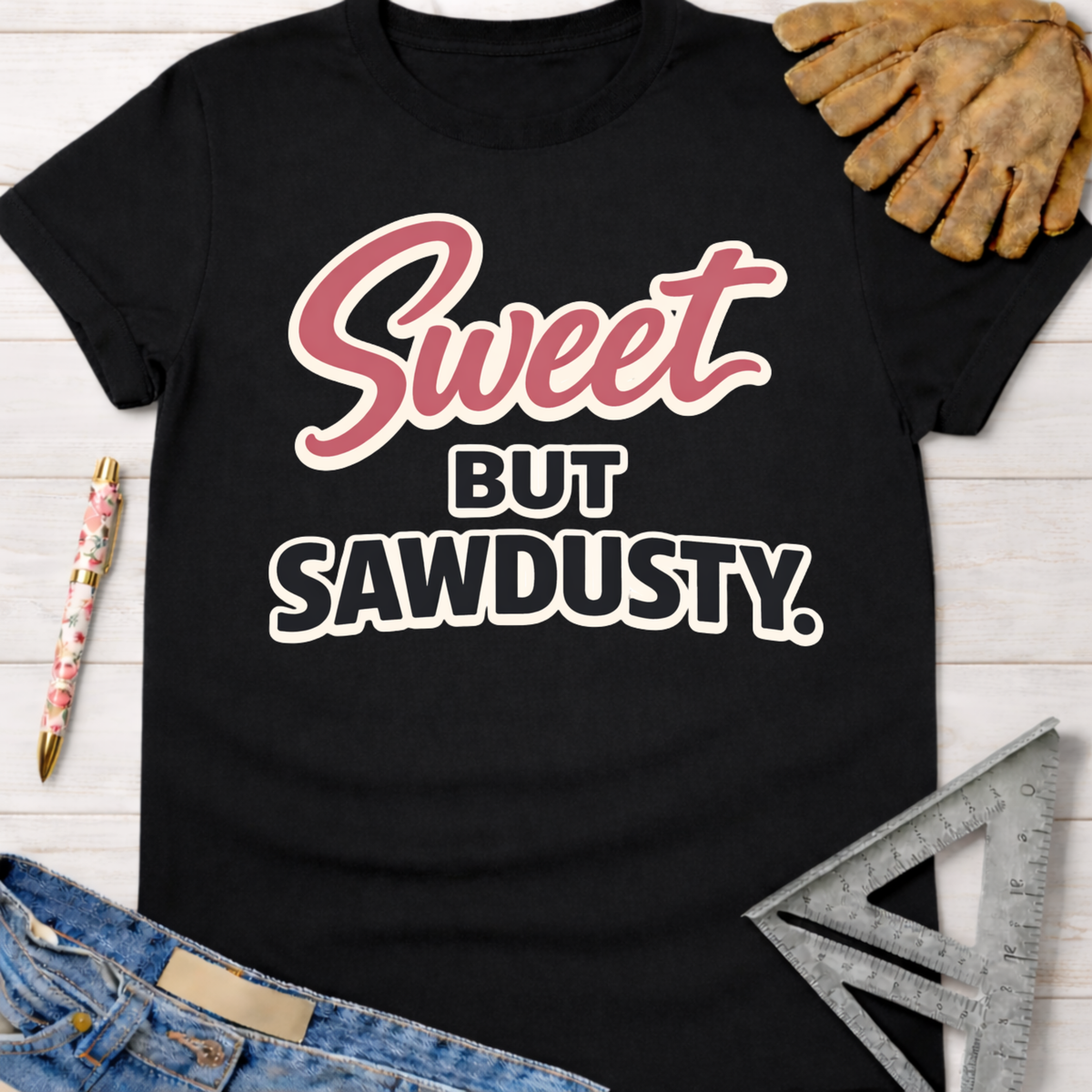 Black "Sweet But Sawdusty" graphic tee, women's funny woodworking shirt for makers and DIY builders — Sawdust & Ponytails.