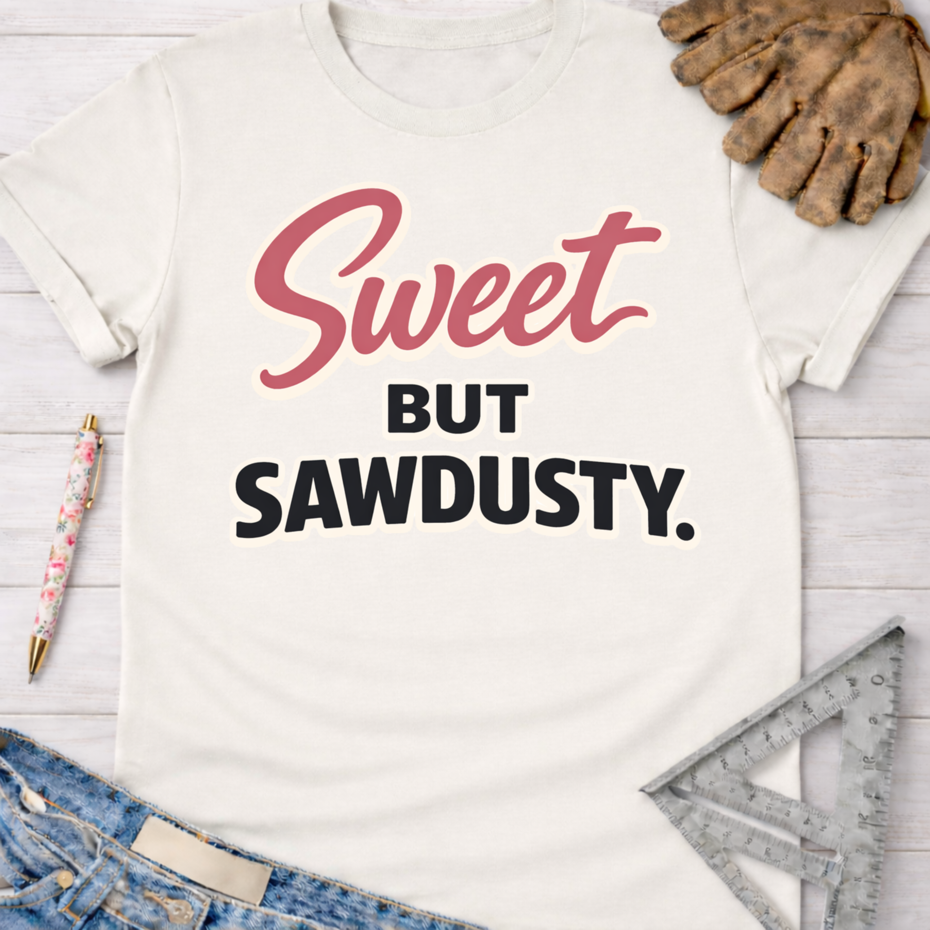 Women's funny woodworking graphic tee shirt for female woodworkers, makers, and DIY builders — Sawdust & Ponytails. Cream t-shirt with "Sweet BUT SAWDUSTY" in pink and black.