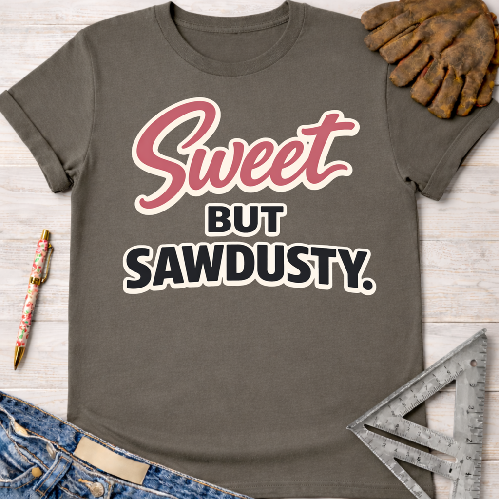 Women's funny woodworking graphic tee shirt for female woodworkers, makers, and DIY builders — Sawdust & Ponytails. Dark gray t-shirt with "Sweet But Sawdusty" in pink and white text.
