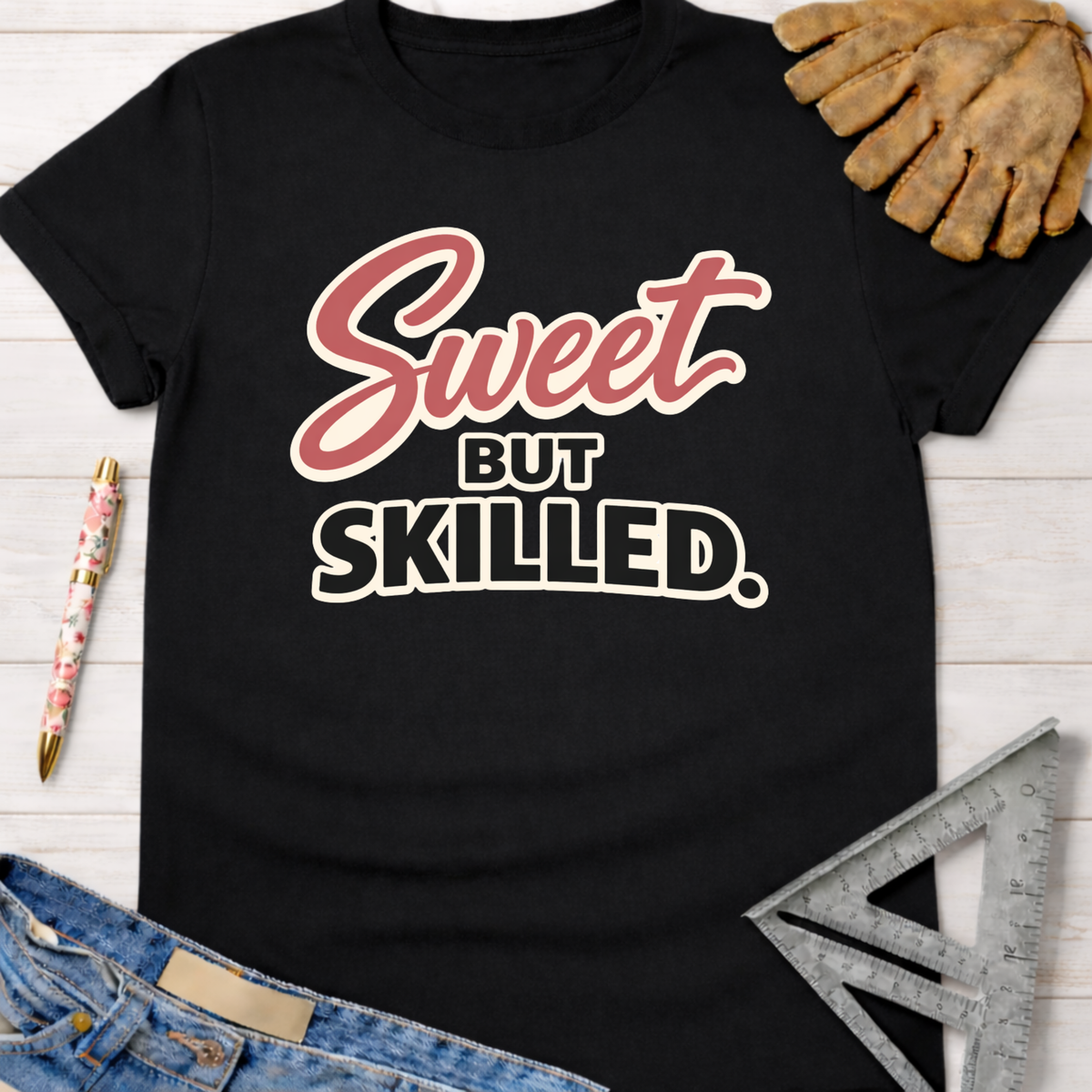 Black cotton "Sweet But Skilled" women's funny woodworking graphic tee shirt for female woodworkers, makers, and DIY builders — Sawdust & Ponytails.