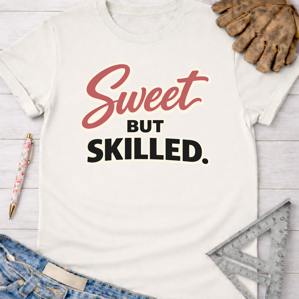 Women's funny woodworking graphic tee shirt for female woodworkers, makers, and DIY builders — Sawdust & Ponytails. Cream t-shirt with "Sweet But Skilled" in red and black text.