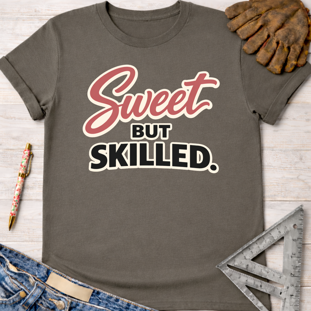 Women's funny woodworking graphic tee shirt for female woodworkers, makers, and DIY builders — Sawdust & Ponytails. Dark gray cotton tee with "Sweet But Skilled" in red and black text.