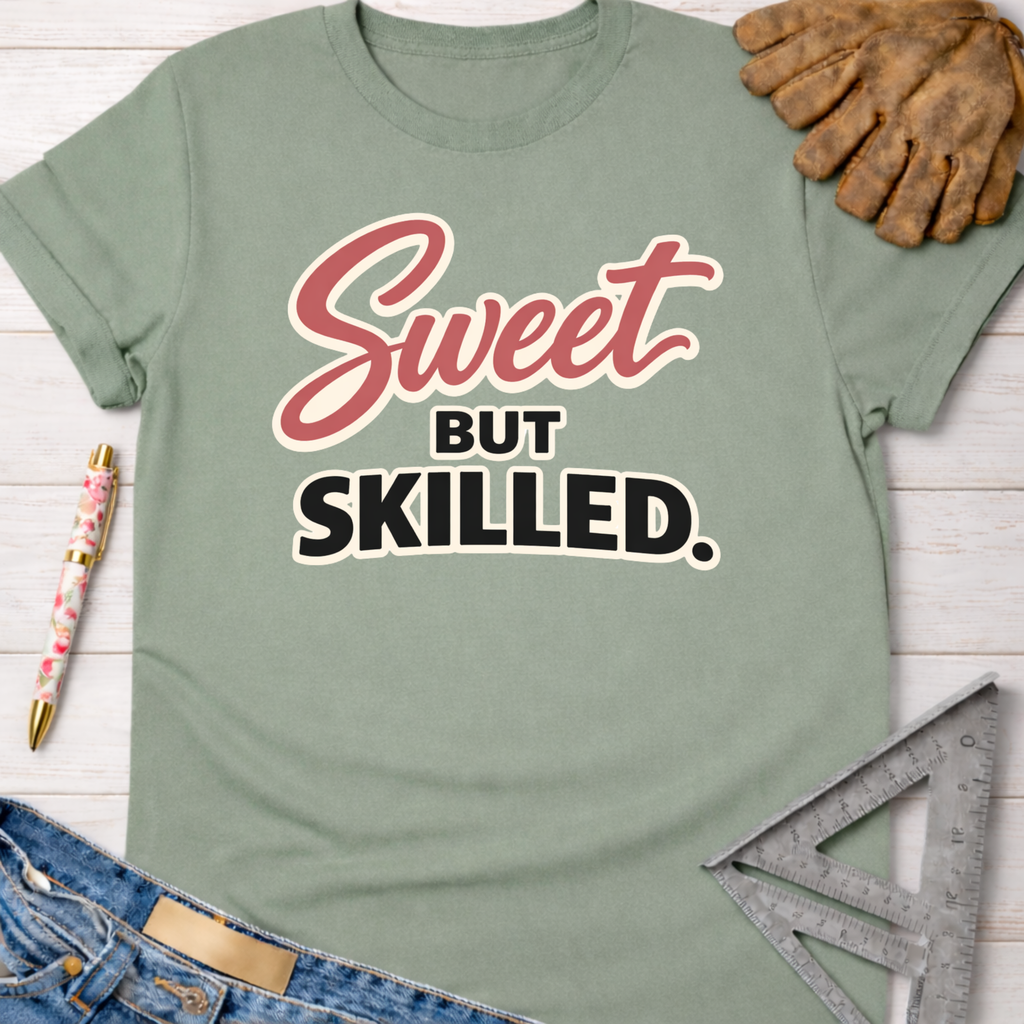 Women's funny woodworking graphic tee shirt for female woodworkers, makers, and DIY builders — Sawdust & Ponytails. Sage green cotton tee with "Sweet But Skilled" text.