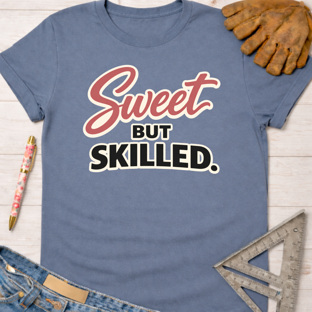 Women's funny woodworking graphic tee shirt for female woodworkers, makers, and DIY builders — Sawdust & Ponytails. Blue short-sleeve tee with "Sweet But Skilled" text.