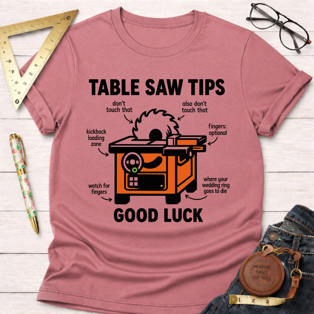 Women's funny woodworking graphic tee shirt for female woodworkers, makers, and DIY builders — Sawdust & Ponytails. Heather mauve t-shirt with "Table Saw Tips" graphic.