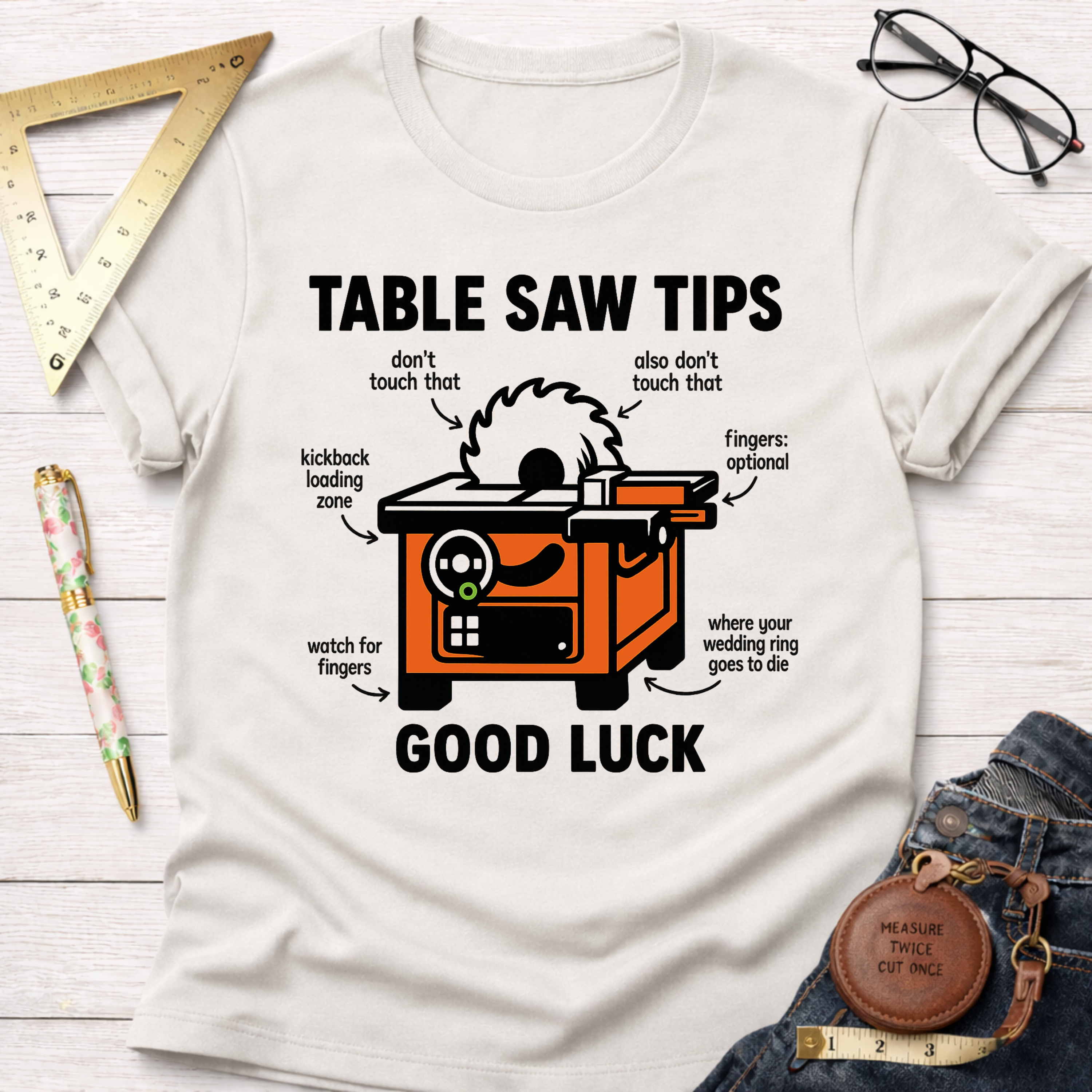 Women's funny woodworking graphic tee shirt for female woodworkers, makers, and DIY builders — Sawdust & Ponytails. White cotton t-shirt with orange table saw graphic and humorous "Table Saw Tips" text.