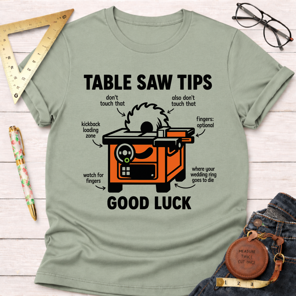 Women's funny woodworking graphic tee shirt for female woodworkers, makers, and DIY builders — Sawdust & Ponytails. Light green cotton t-shirt with a black and orange "Table Saw Tips" graphic.