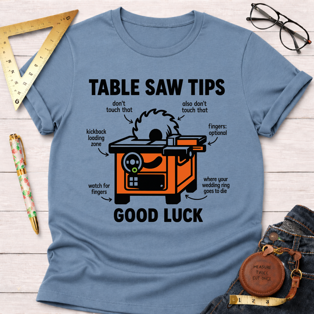 Women's funny woodworking graphic tee shirt for female woodworkers, makers, and DIY builders — Sawdust & Ponytails. Light blue cotton tee with an orange table saw diagram and humorous safety tips.