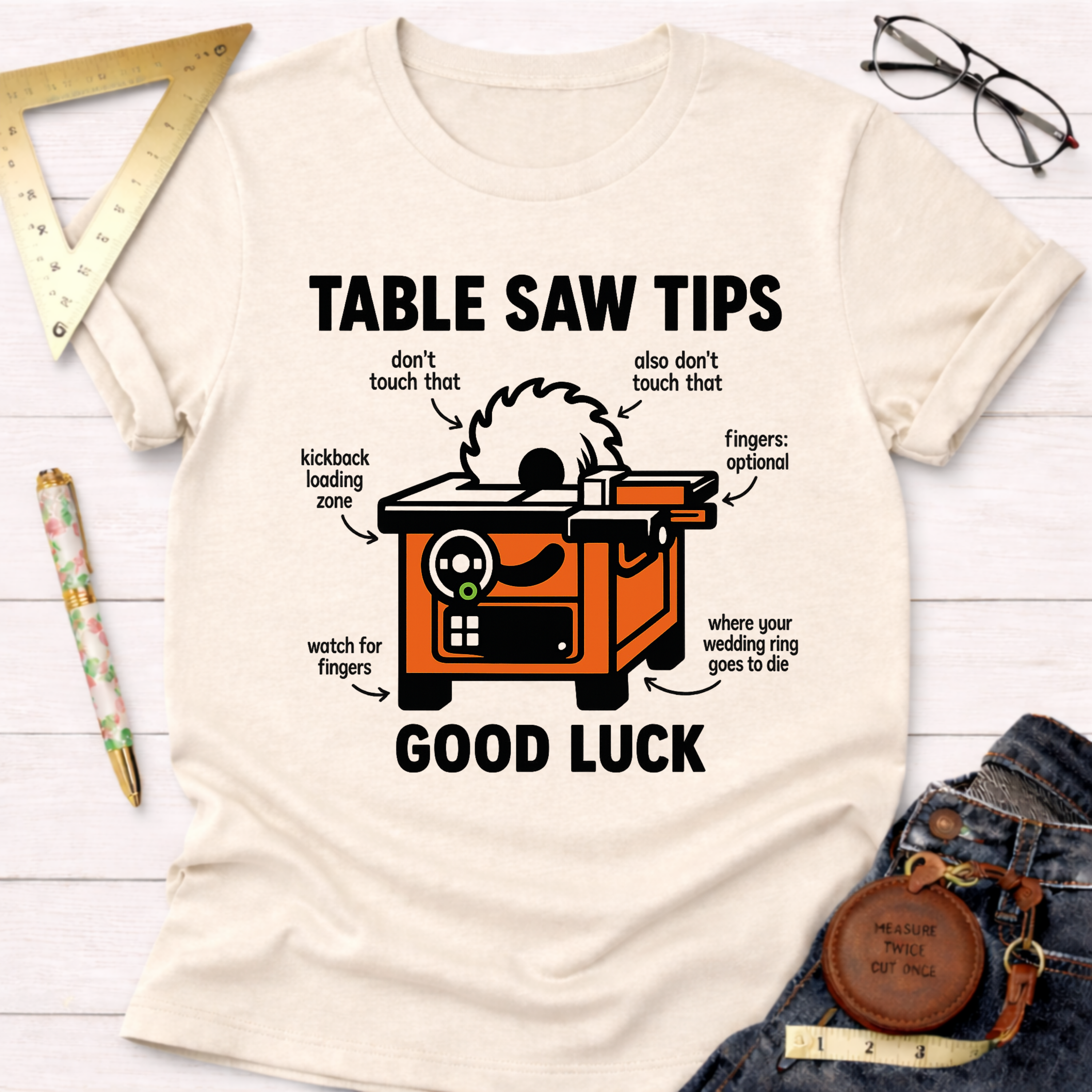 Women's funny woodworking graphic tee shirt for female woodworkers, makers, and DIY builders — Sawdust & Ponytails. Cream t-shirt with orange table saw graphic and humorous "Table Saw Tips" text.