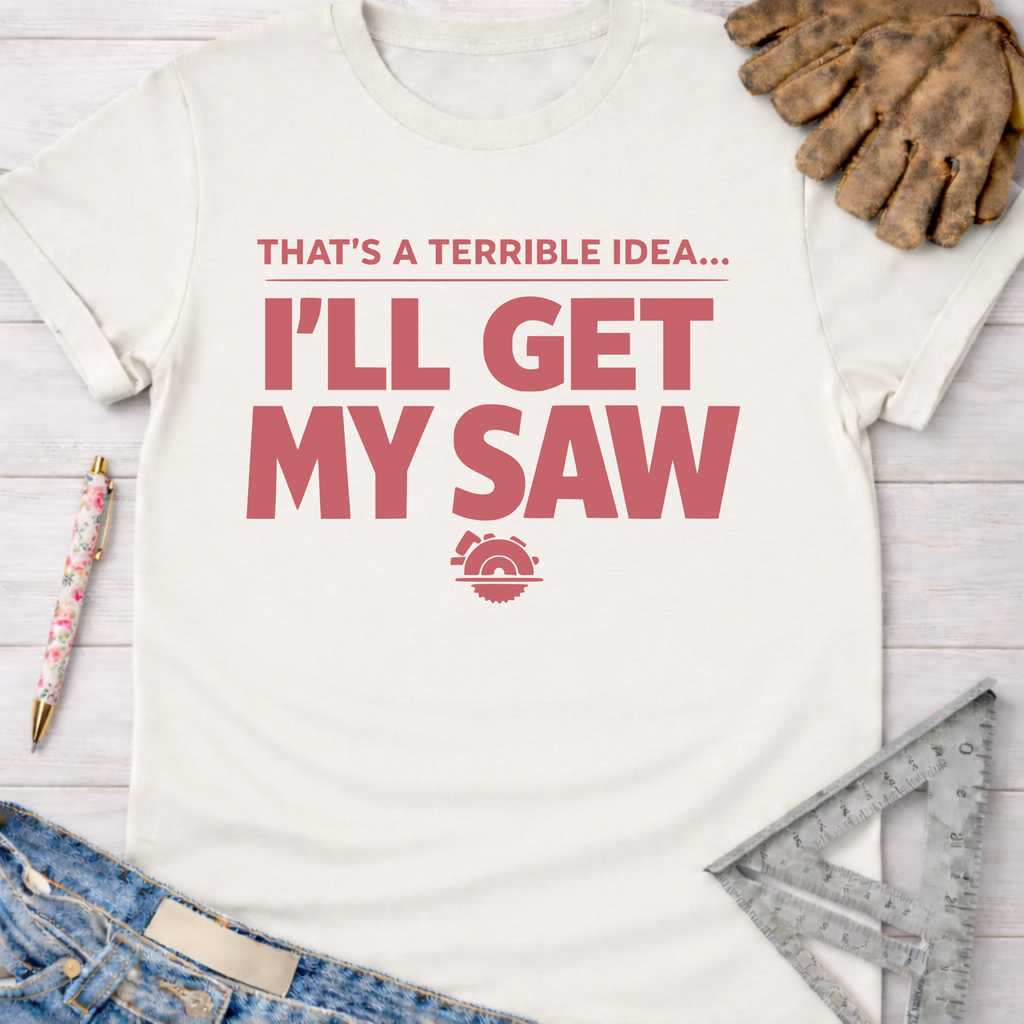 Women's funny woodworking graphic tee shirt for female woodworkers, makers, and DIY builders — Sawdust & Ponytails. Cream t-shirt with "THAT'S A TERRIBLE IDEA... I'LL GET MY SAW" in red, plus a saw blade icon.