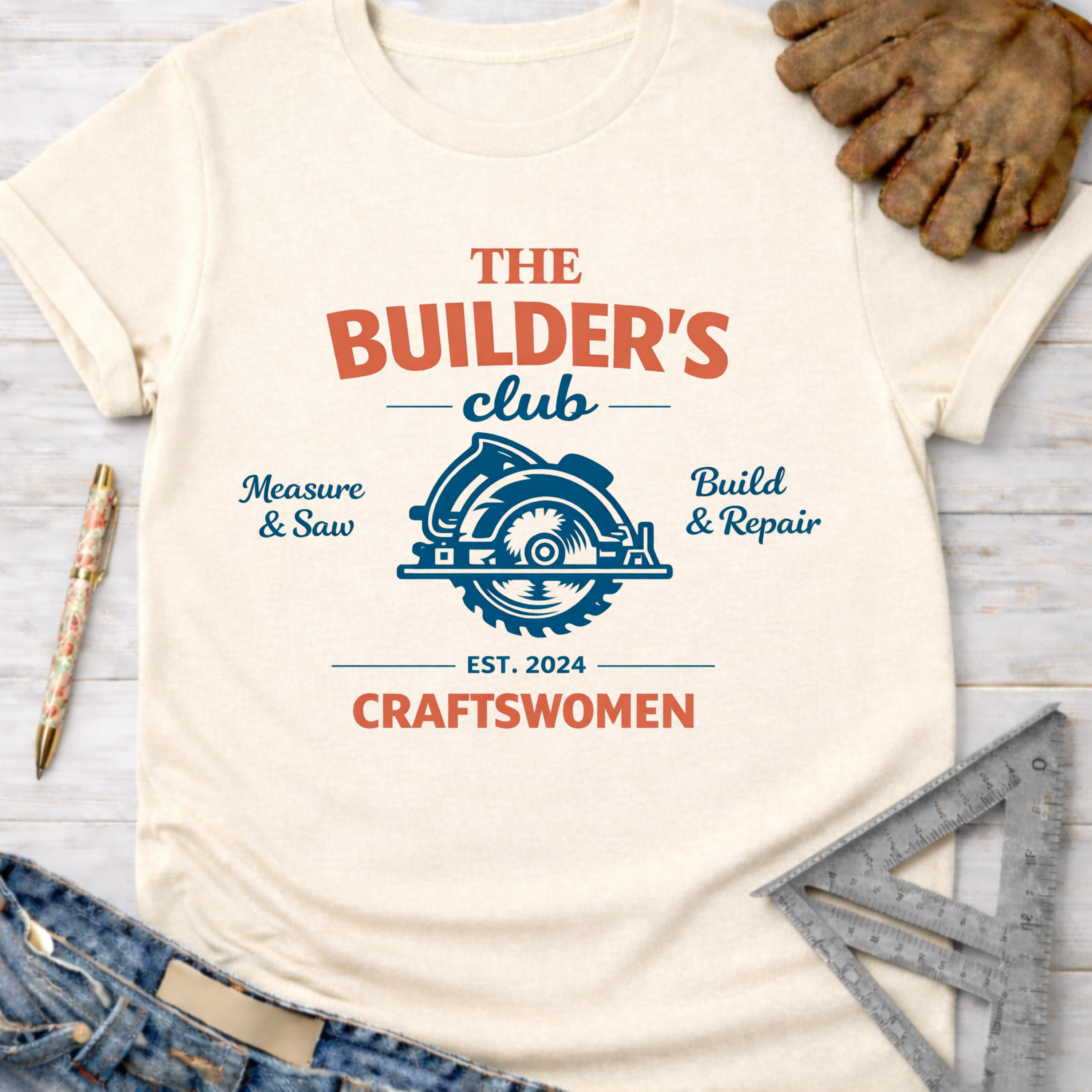 Women's funny woodworking graphic tee shirt for female woodworkers, makers, and DIY builders — Sawdust & Ponytails. Cream t-shirt with "The Builder's Club" graphic, circular saw, "Measure & Saw," "Build & Repair," "Est. 2024," and "Craftswomen" text.