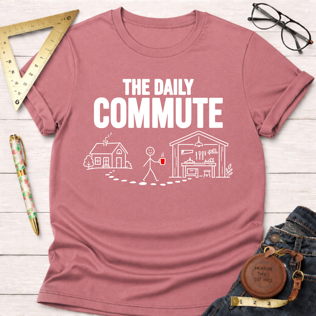 Mauve cotton t-shirt with "THE DAILY COMMUTE" text and a stick figure walking from house to workshop graphic.