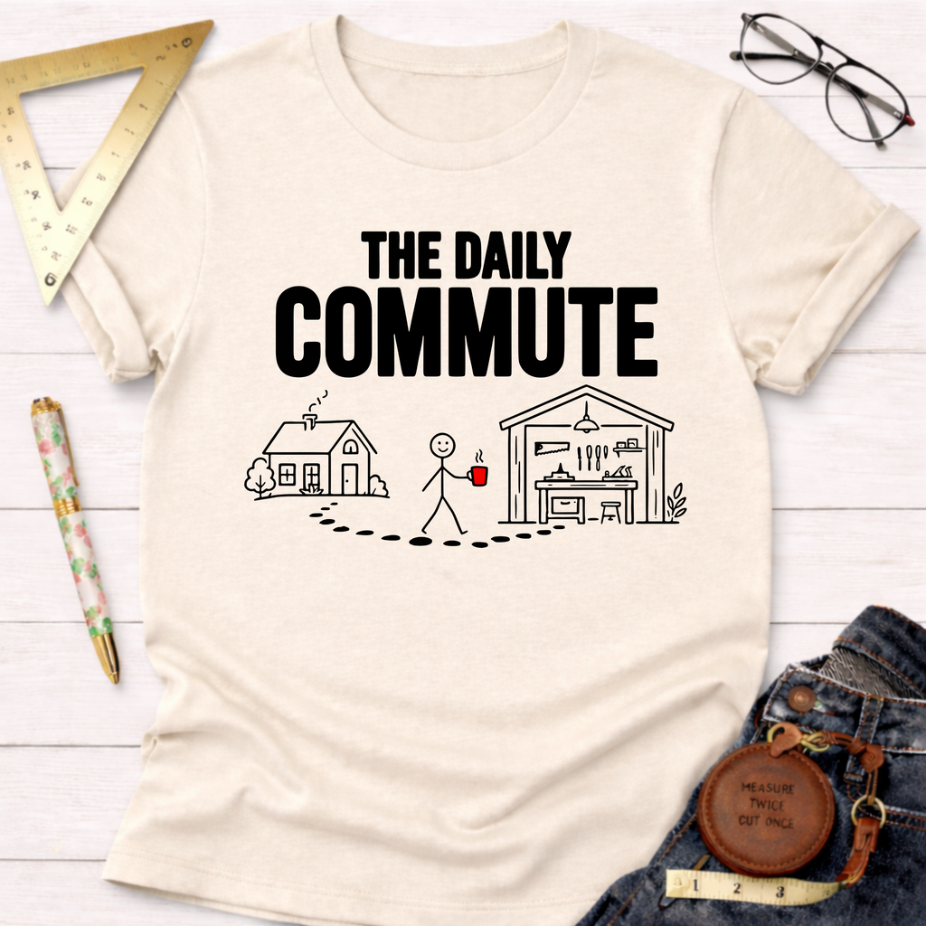 Cream cotton t-shirt with "THE DAILY COMMUTE" text and a stick figure walking from a house to a workshop.