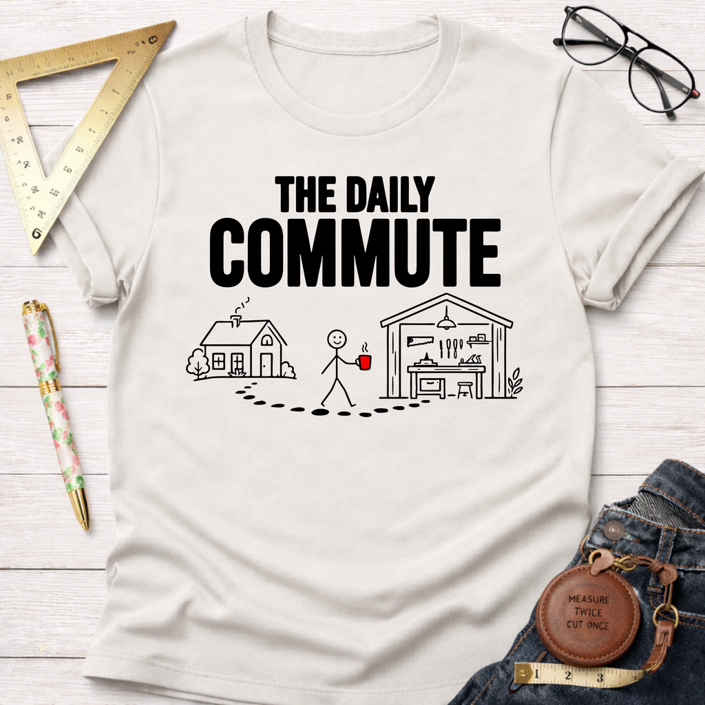 Off-white cotton t-shirt with "THE DAILY COMMUTE" text and a stick figure walking from house to workshop graphic.