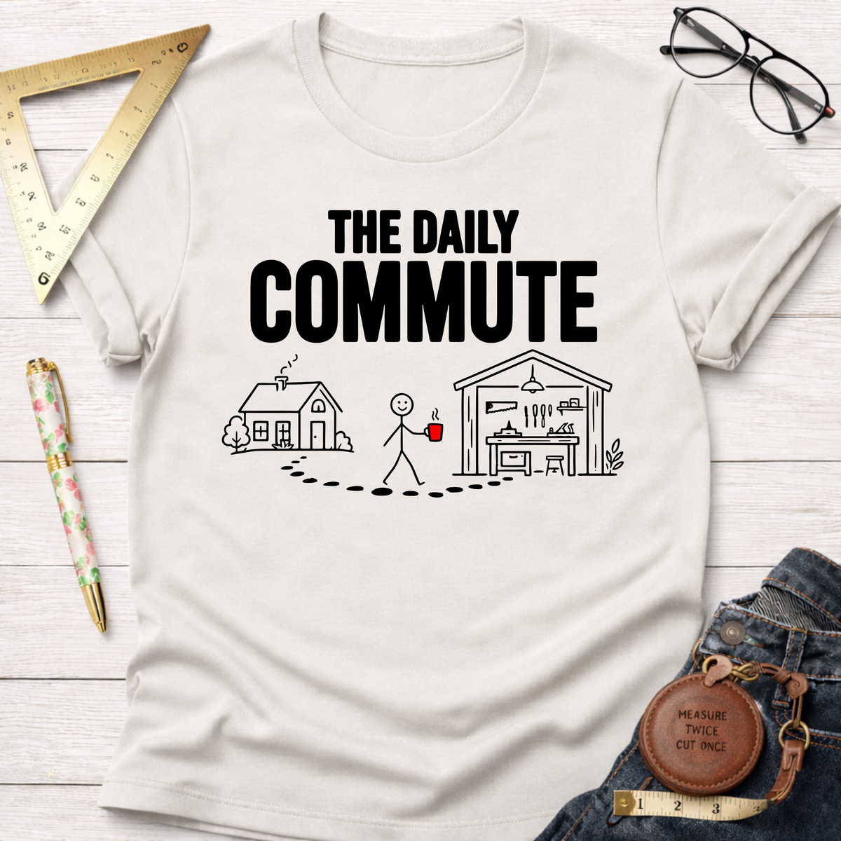Off-white cotton t-shirt with "THE DAILY COMMUTE" text and a stick figure walking from house to workshop graphic.