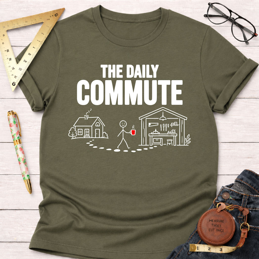 Olive green cotton t-shirt with "THE DAILY COMMUTE" text and a stick figure walking from house to workshop graphic.
