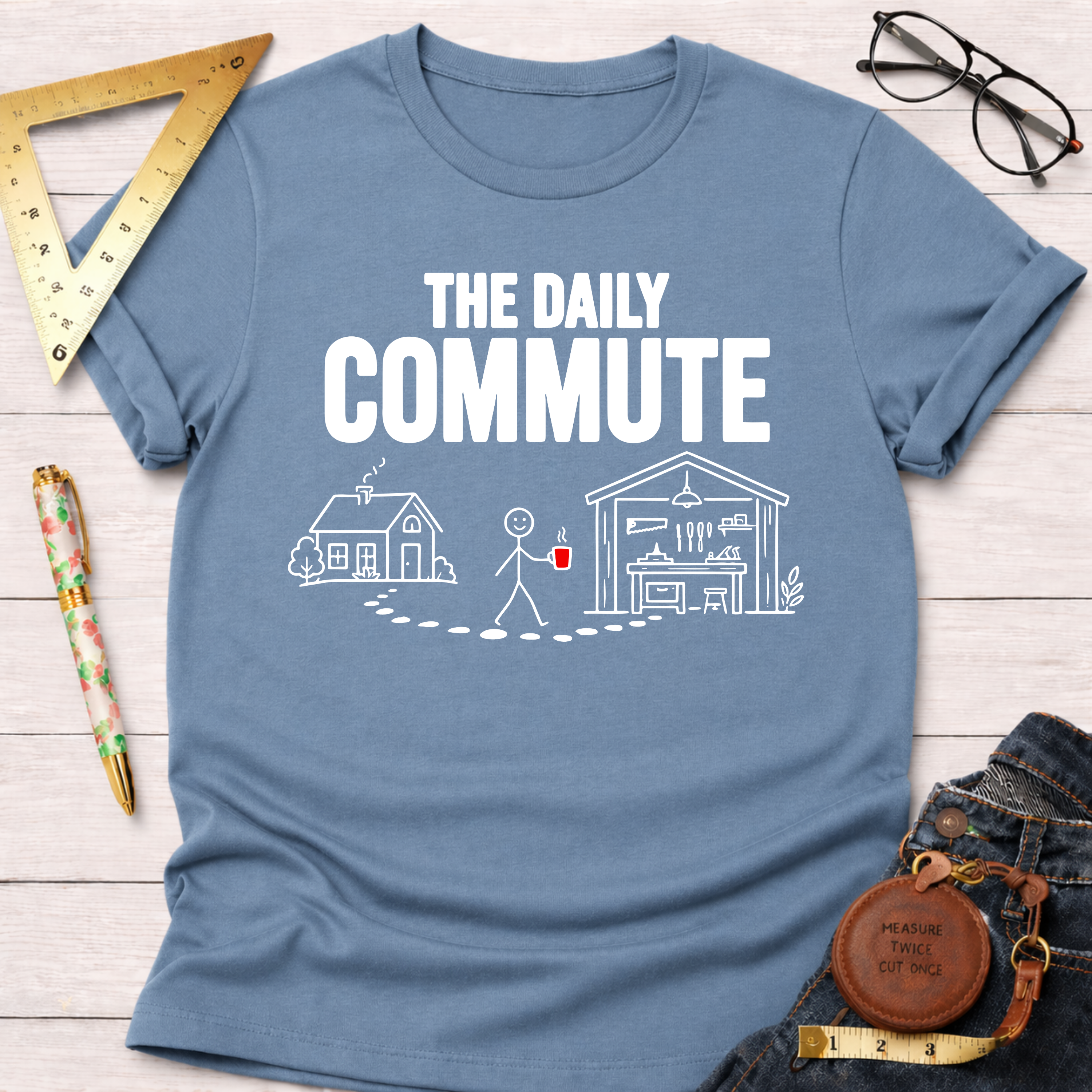 Light blue cotton t-shirt with "THE DAILY COMMUTE" text and stick figure walking from house to workshop.