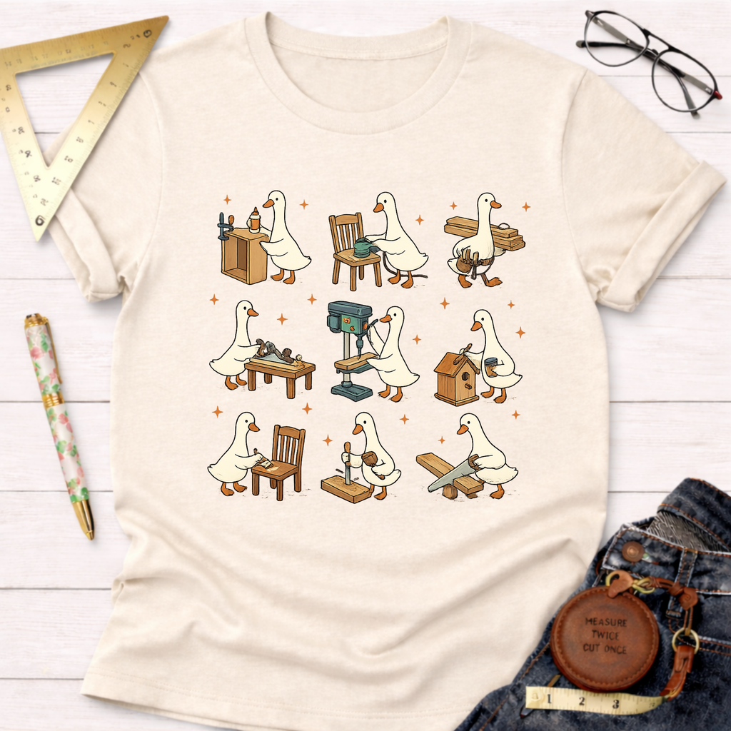 Women's funny woodworking graphic tee shirt for female woodworkers, makers, and DIY builders — Sawdust & Ponytails. Cream t-shirt with cartoon ducks building furniture.