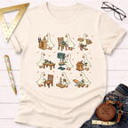 Women's funny woodworking graphic tee shirt for female woodworkers, makers, and DIY builders — Sawdust & Ponytails. Cream t-shirt with cartoon ducks building furniture.