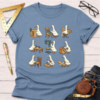 Women's funny woodworking graphic tee shirt for female woodworkers, makers, and DIY builders — Sawdust & Ponytails. Light blue cotton tee with cartoon ducks building furniture.
