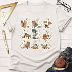 Women's funny woodworking graphic tee shirt for female woodworkers, makers, and DIY builders — Sawdust & Ponytails. Cream t-shirt with cartoon ducks building furniture.