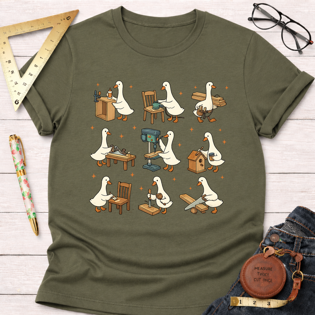 Women's funny woodworking graphic tee shirt for female woodworkers, makers, and DIY builders — Sawdust & Ponytails. Olive green cotton tee with cartoon ducks building furniture.