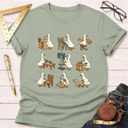 Women's funny woodworking graphic tee shirt for female woodworkers, makers, and DIY builders — Sawdust & Ponytails. Sage green cotton tee with cartoon ducks building furniture.