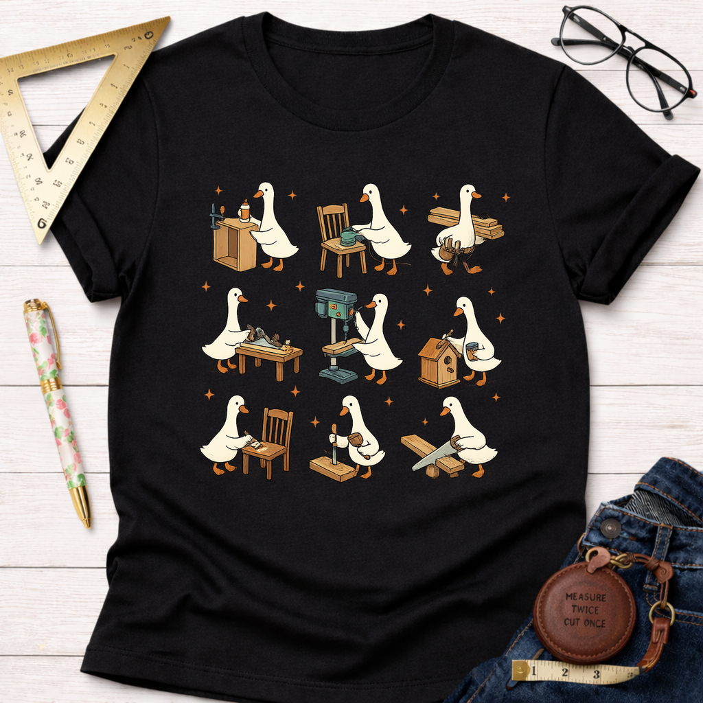 Women's funny woodworking graphic tee shirt for female woodworkers, makers, and DIY builders — Sawdust & Ponytails. Black cotton tee with cartoon ducks building furniture.