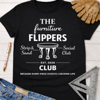 Black cotton "The Furniture Flippers Social Club" graphic tee, Women's funny woodworking graphic tee shirt for female woodworkers, makers, and DIY builders — Sawdust & Ponytails
