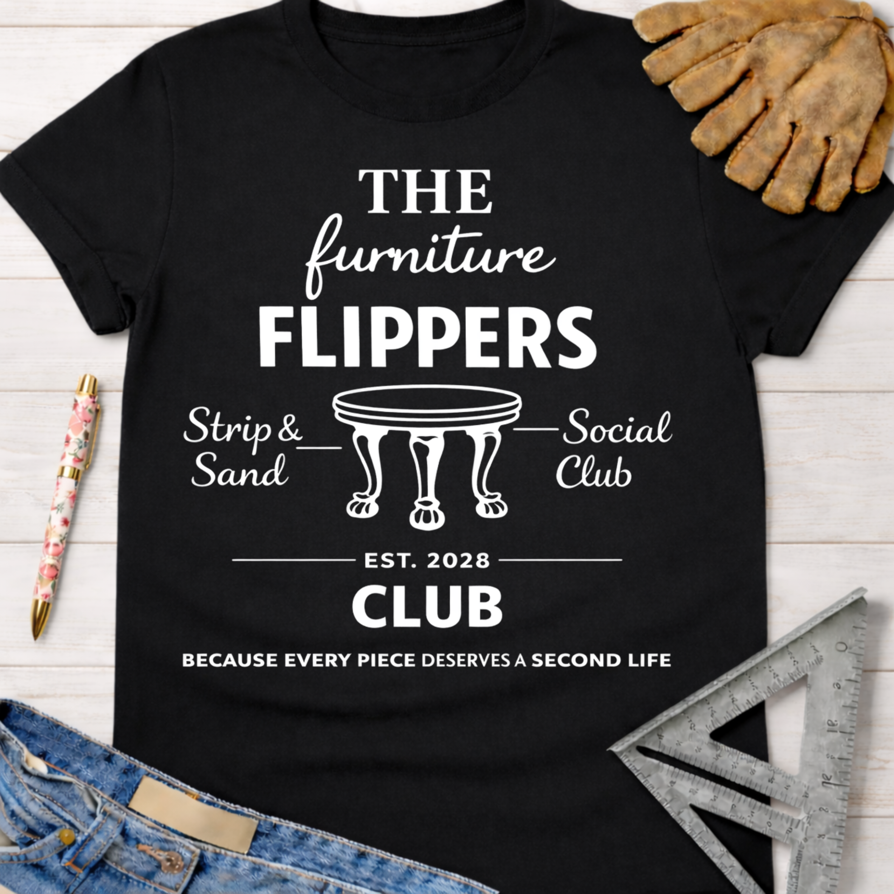 Black cotton "The Furniture Flippers Social Club" graphic tee, Women's funny woodworking graphic tee shirt for female woodworkers, makers, and DIY builders — Sawdust & Ponytails