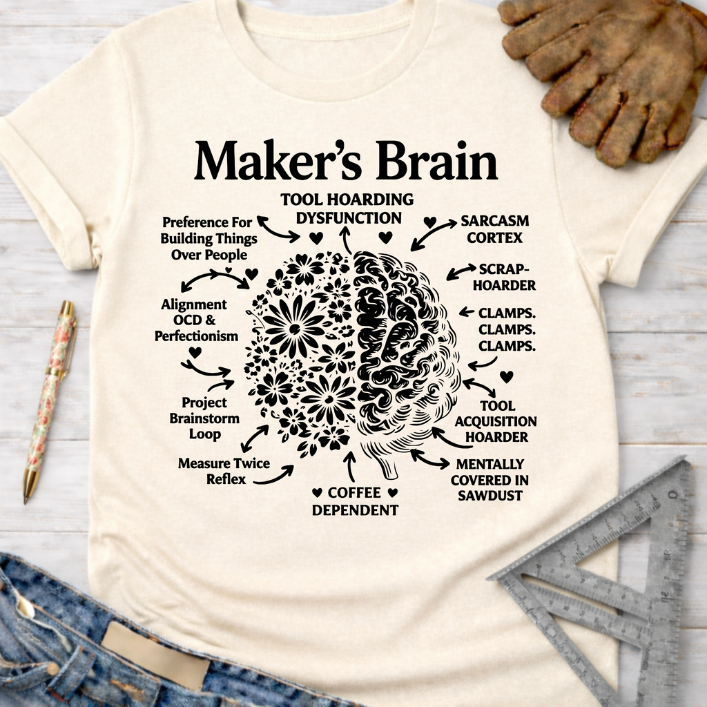 Women's funny woodworking graphic tee shirt for female woodworkers, makers, and DIY builders — Sawdust & Ponytails. Cream t-shirt with "Maker's Brain" diagram.