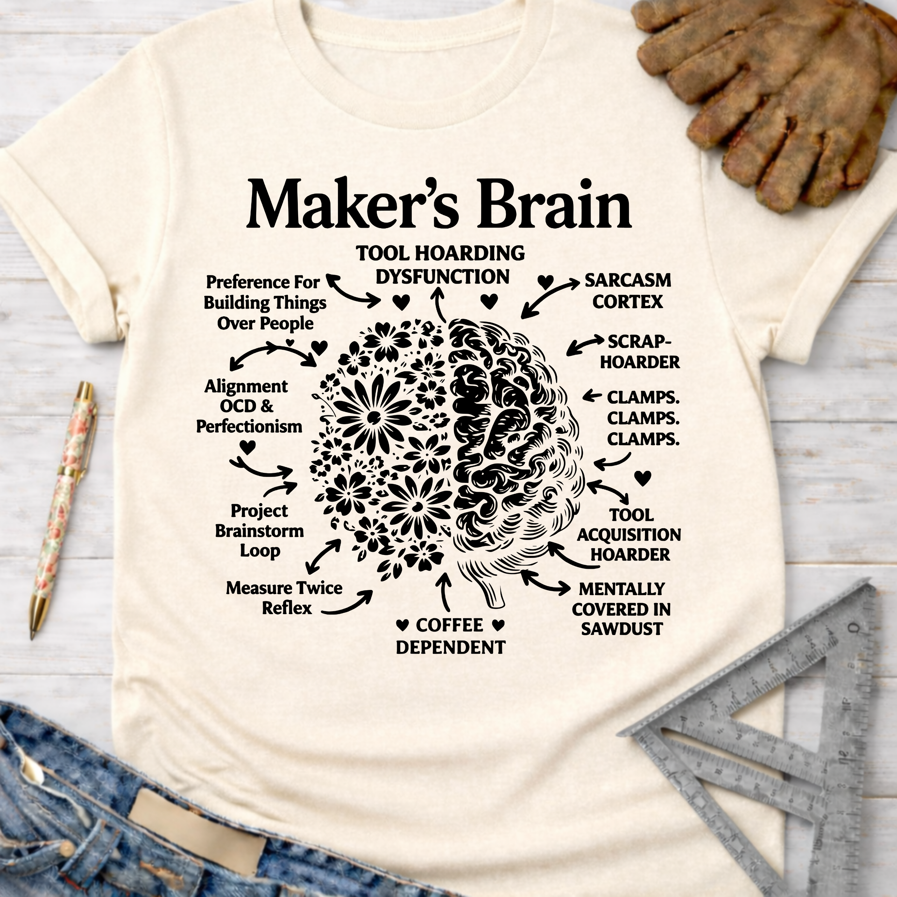 Women's funny woodworking graphic tee shirt for female woodworkers, makers, and DIY builders — Sawdust & Ponytails. Cream t-shirt with "Maker's Brain" diagram.