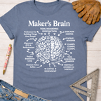 Women's funny woodworking graphic tee shirt for female woodworkers, makers, and DIY builders — Sawdust & Ponytails. Blue cotton tee with white "Maker's Brain" graphic.