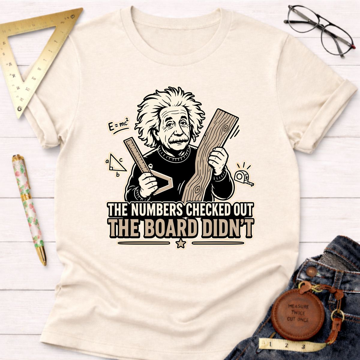 Cream t-shirt with a black graphic of Einstein holding a ruler and wood, text reads "The Numbers Checked Out The Board Didn't".