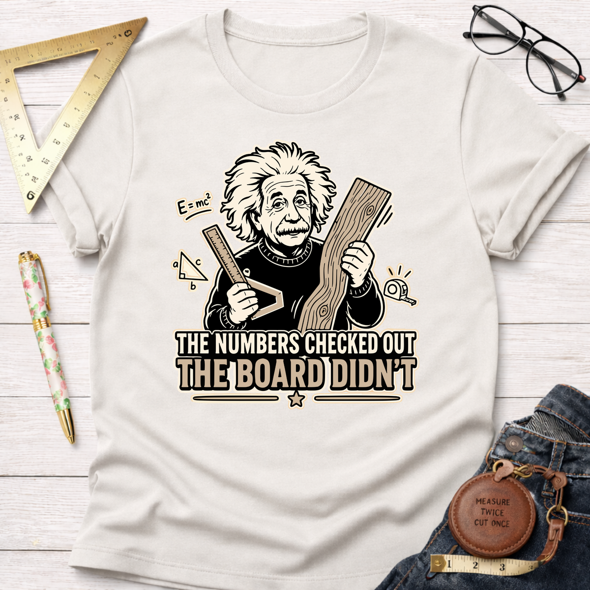 White cotton t-shirt with a cartoon Einstein holding a ruler and wood, text reads "The Numbers Checked Out The Board Didn't".