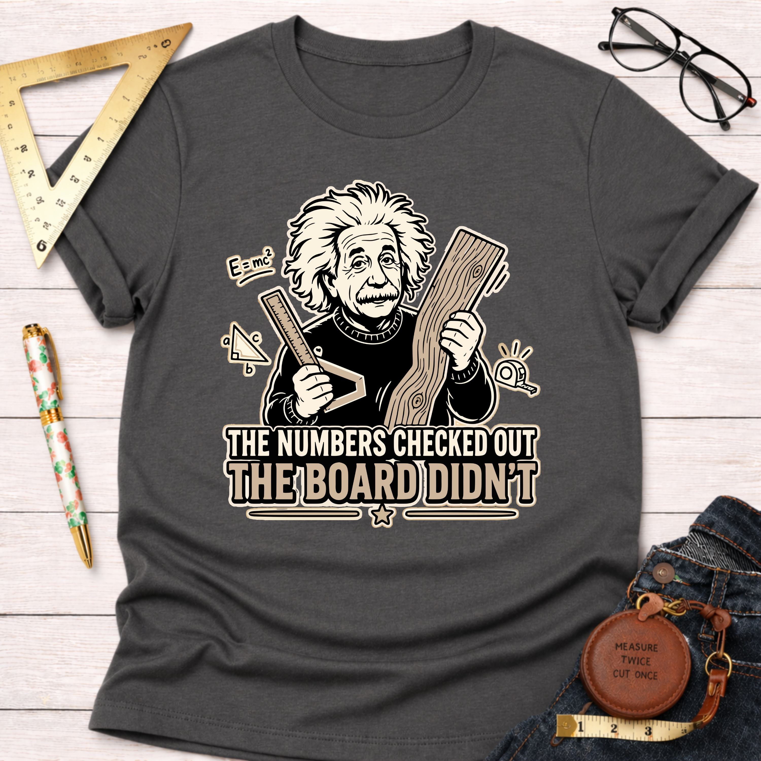 Charcoal gray t-shirt with a graphic of Einstein holding a ruler and wood, text reads "The numbers checked out, the board didn't.