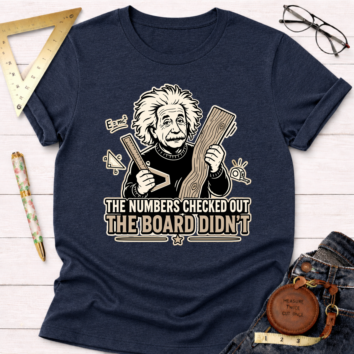 Navy blue heather t-shirt with a cartoon Einstein holding a ruler and wood, text reads "The Numbers Checked Out The Board Didn't".
