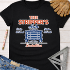Black cotton tee with "The Stripper's Club Socialites" graphic, dresser icon, and "Strip & Sand, Stain & Seal" text. Women's funny woodworking graphic tee shirt for female woodworkers, makers, and DIY builders — Sawdust & Ponytails