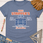 Women's funny woodworking graphic tee shirt for female woodworkers, makers, and DIY builders — Sawdust & Ponytails. Blue cotton tee with "The Stripper's Club Socialites" graphic featuring a dresser, "Strip & Sand," and "Stain & Seal.