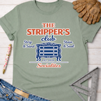 Women's funny woodworking graphic tee shirt for female woodworkers, makers, and DIY builders — Sawdust & Ponytails. Light green cotton tee with "The Stripper's Club Socialites" graphic featuring a blue dresser.