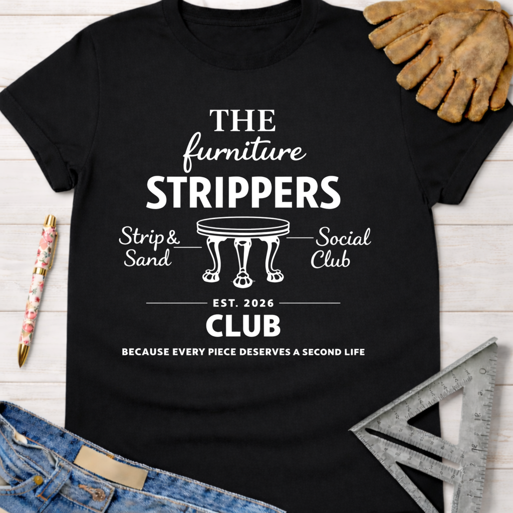 Black cotton tee with "The Furniture Strippers Social Club" graphic, work gloves, jeans, and ruler. Women's funny woodworking graphic tee shirt for female woodworkers, makers, and DIY builders — Sawdust & Ponytails.