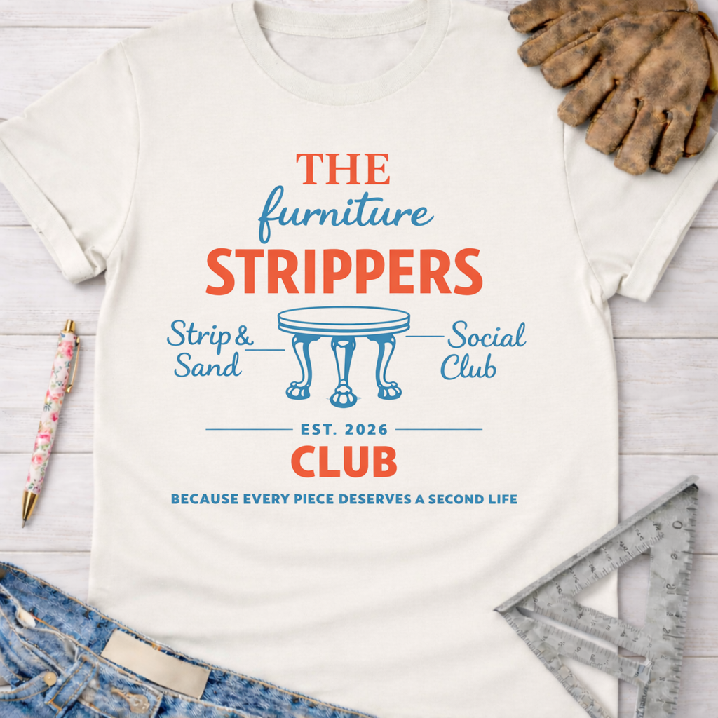 Women's funny woodworking graphic tee shirt for female woodworkers, makers, and DIY builders — Sawdust & Ponytails. Cream cotton tee with "The Furniture Strippers Social Club" graphic in red and blue, featuring a table icon.